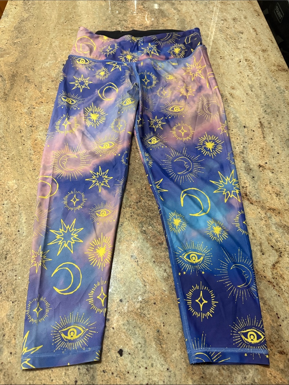 Celestial Tie-Dye Capri Leggings - Purple Blue with Yellow Print